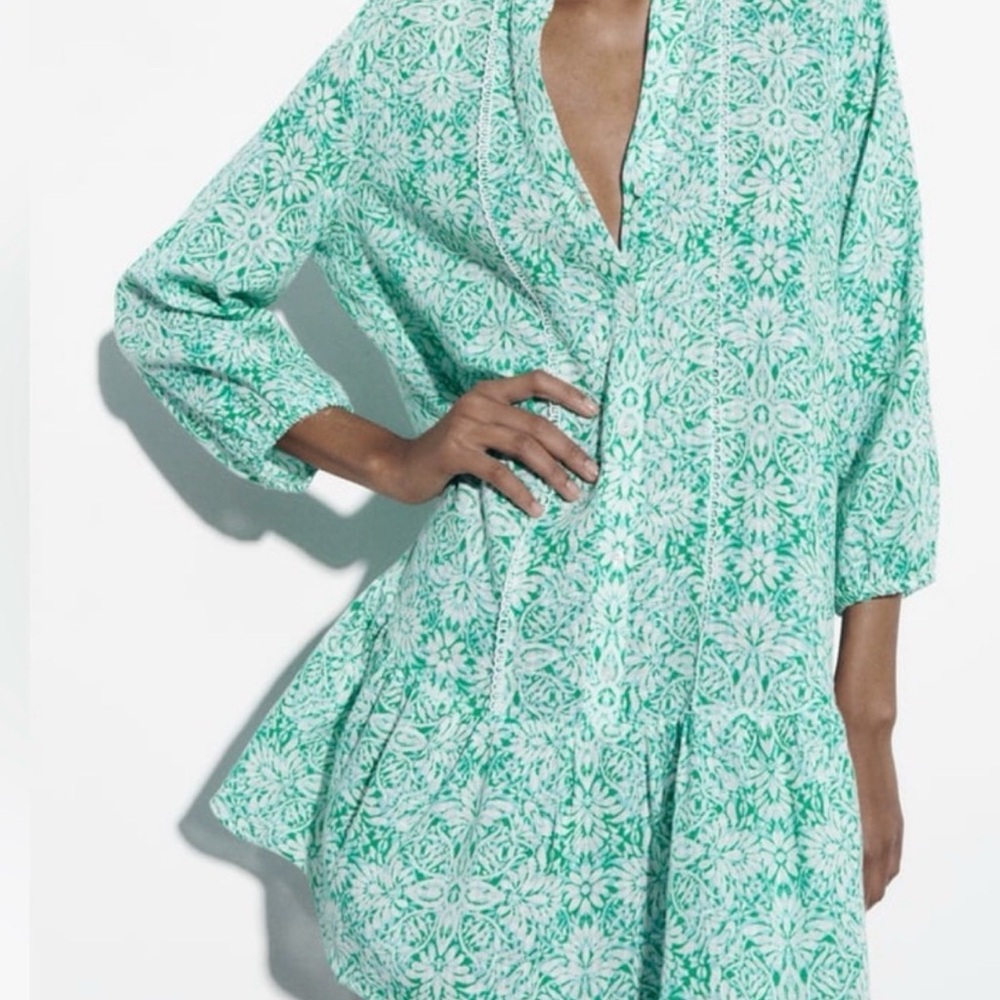 Zara Green Floral Mini Dress Swimsuit Cover Up Flowy Boho Spring Summer - Picture 2 of 9